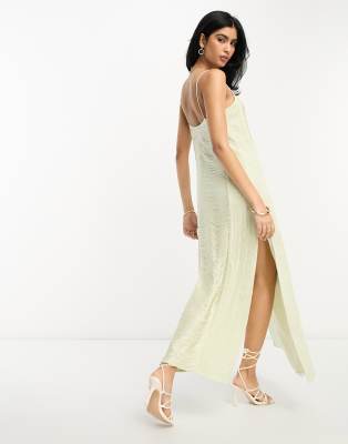 ASOS DESIGN fringe crochet cami maxi dress in stone-Neutral