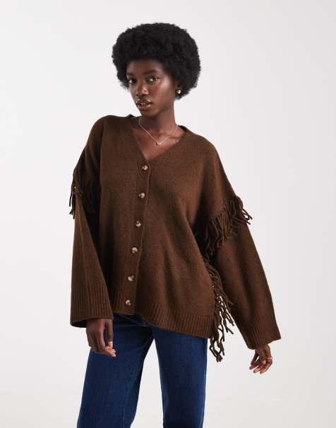 ASOS DESIGN fringe detail boyfriend cardigan in chocolate - view 1