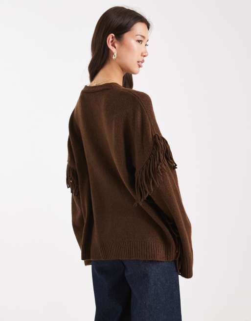 ASOS DESIGN fringe detail boyfriend cardigan in chocolate, 2 of 4