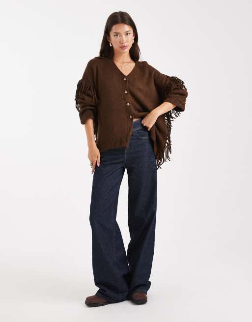 ASOS DESIGN fringe detail boyfriend cardigan in chocolate, 4 of 4