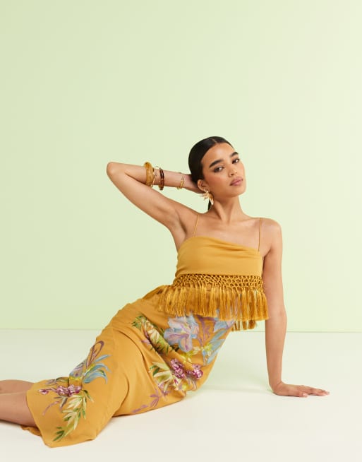 ASOS DESIGN fringe detail embroidered maxi dress in mustard, 2 of 4