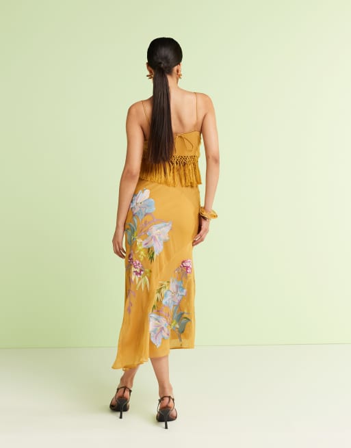 ASOS DESIGN fringe detail embroidered maxi dress in mustard | ASOS