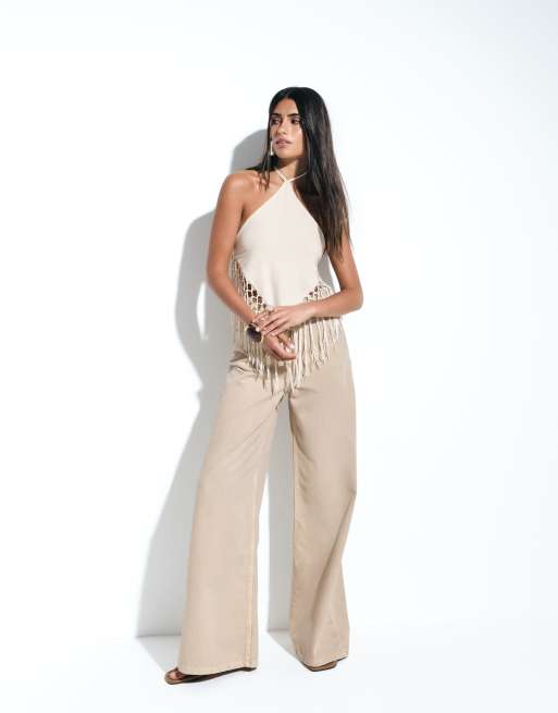 ASOS DESIGN fringe detail hanky hem halter neck top in cream, 2 of 4