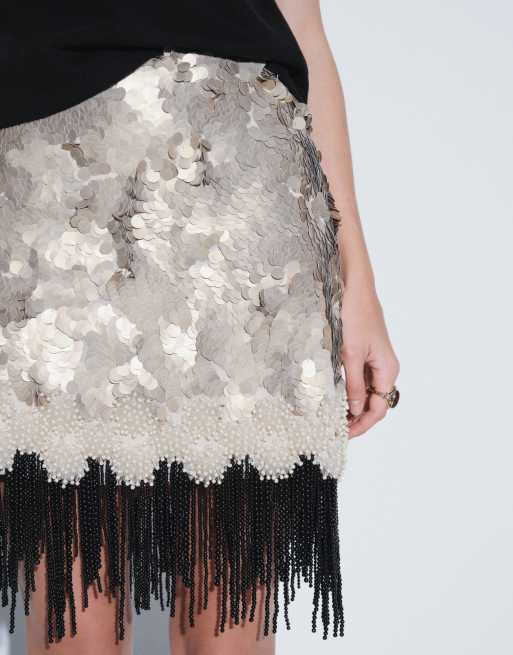 ASOS DESIGN fringe detail layered sequin mini skirt, 3 of 5