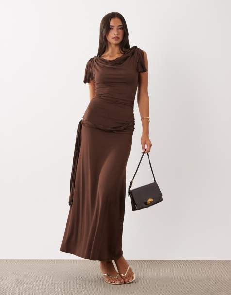 ASOS DESIGN fringe detail midi dress in chocolate - view 1