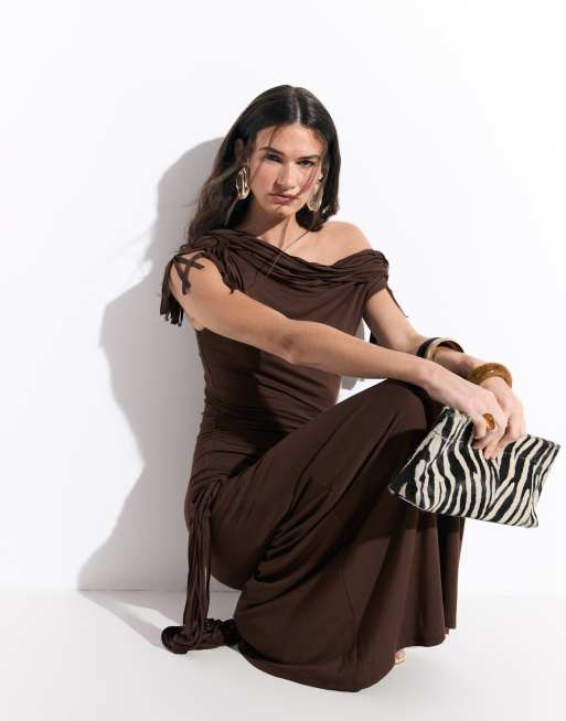 ASOS DESIGN fringe detail midi dress in chocolate, 2 of 7