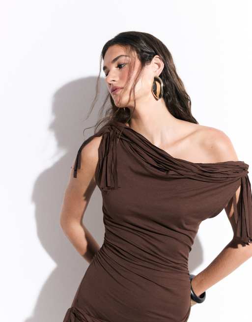 ASOS DESIGN fringe detail midi dress in chocolate, 3 of 7