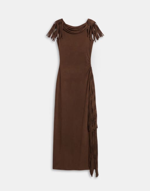 ASOS DESIGN fringe detail midi dress in chocolate, 5 of 7