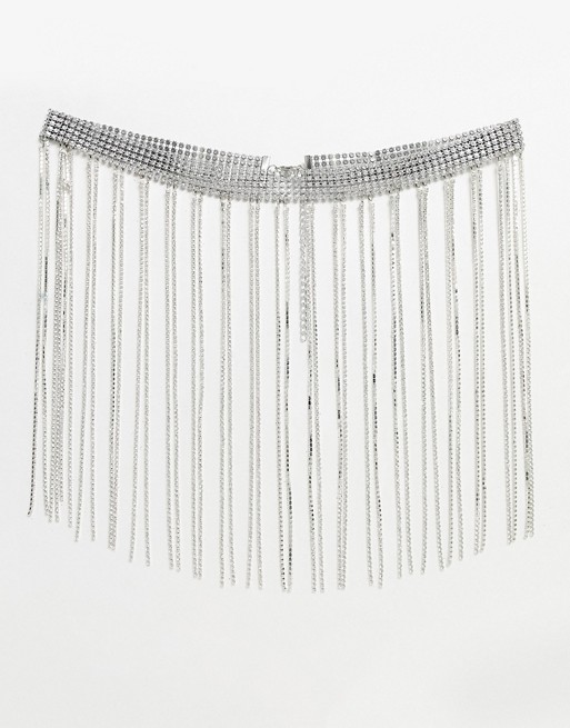 ASOS DESIGN fringe diamante waist and hip belt in silver