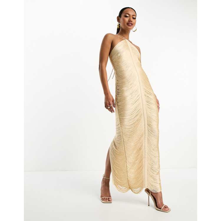 asos design fringe cowl halter maxi dress in purple drape cream Chiffon maxi
