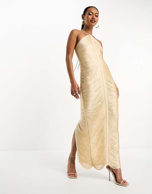 ASOS DESIGN fringe drape halter maxi dress in cream