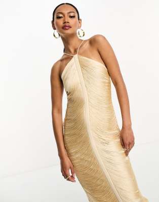 ASOS DESIGN fringe drape halter maxi dress in cream | ASOS