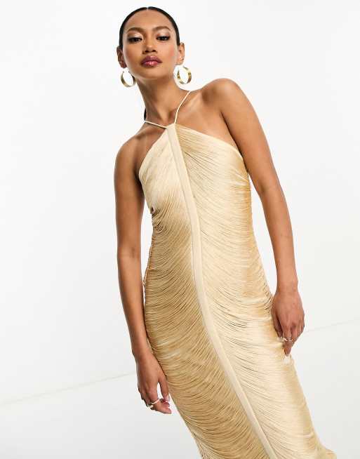 Gold Fringe Detail Halter Maxi Dress