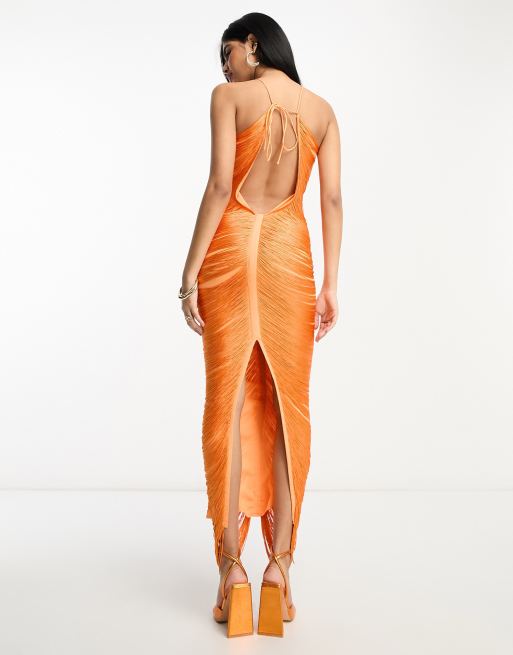 ASOS DESIGN fringe drape halter maxi dress in hot orange