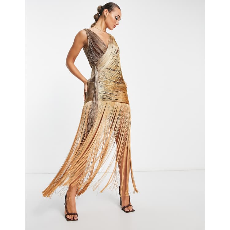 gold draped dress