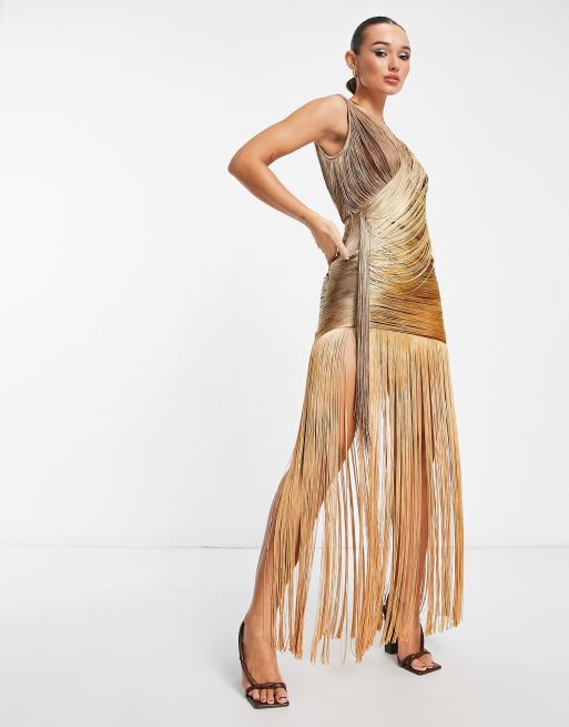 Long gold hotsell fringe dress