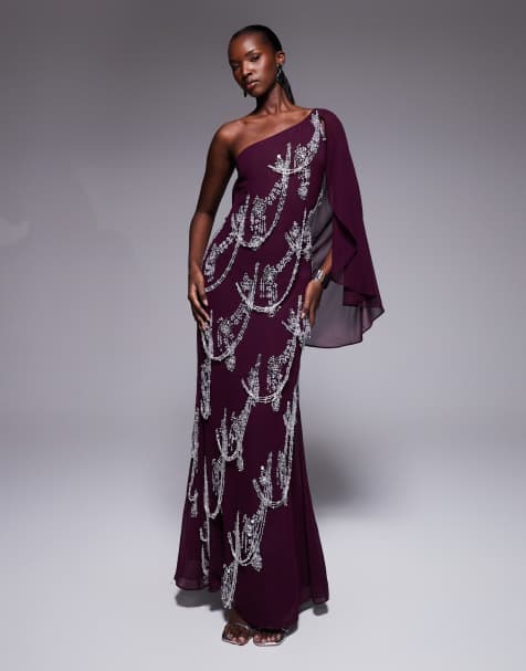 ASOS DESIGN fringe embellished bias cut maxi dress with cape sleeve in plum - view 1