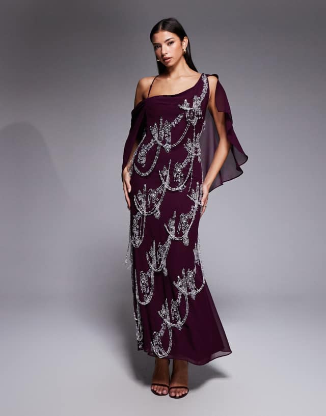 asos design fringe cowl halter maxi dress in purple embellished bias cut with cape sleeve plum Graphic