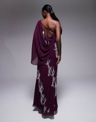 Asos Design Fringe Embellished Bias Cut Maxi Dress With Cape Sleeve In Purple