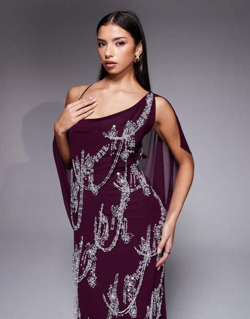 ASOS DESIGN fringe embellished bias cut maxi dress with cape sleeve in plum, 4 of 4