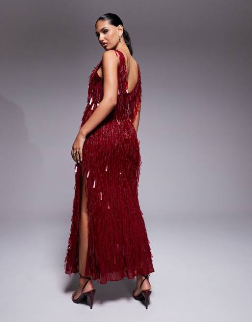 ASOS DESIGN fringe embellished cowl neck maxi dress with lace bralet underlay in cherry red