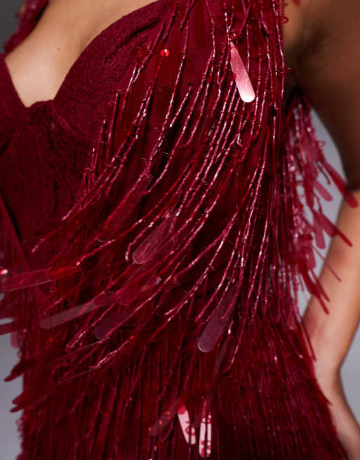 ASOS DESIGN fringe embellished cowl neck maxi dress with lace bralet underlay in cherry red