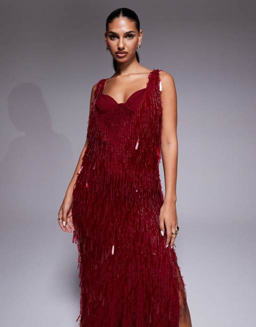 ASOS DESIGN fringe embellished cowl neck maxi dress with lace bralet underlay in cherry red