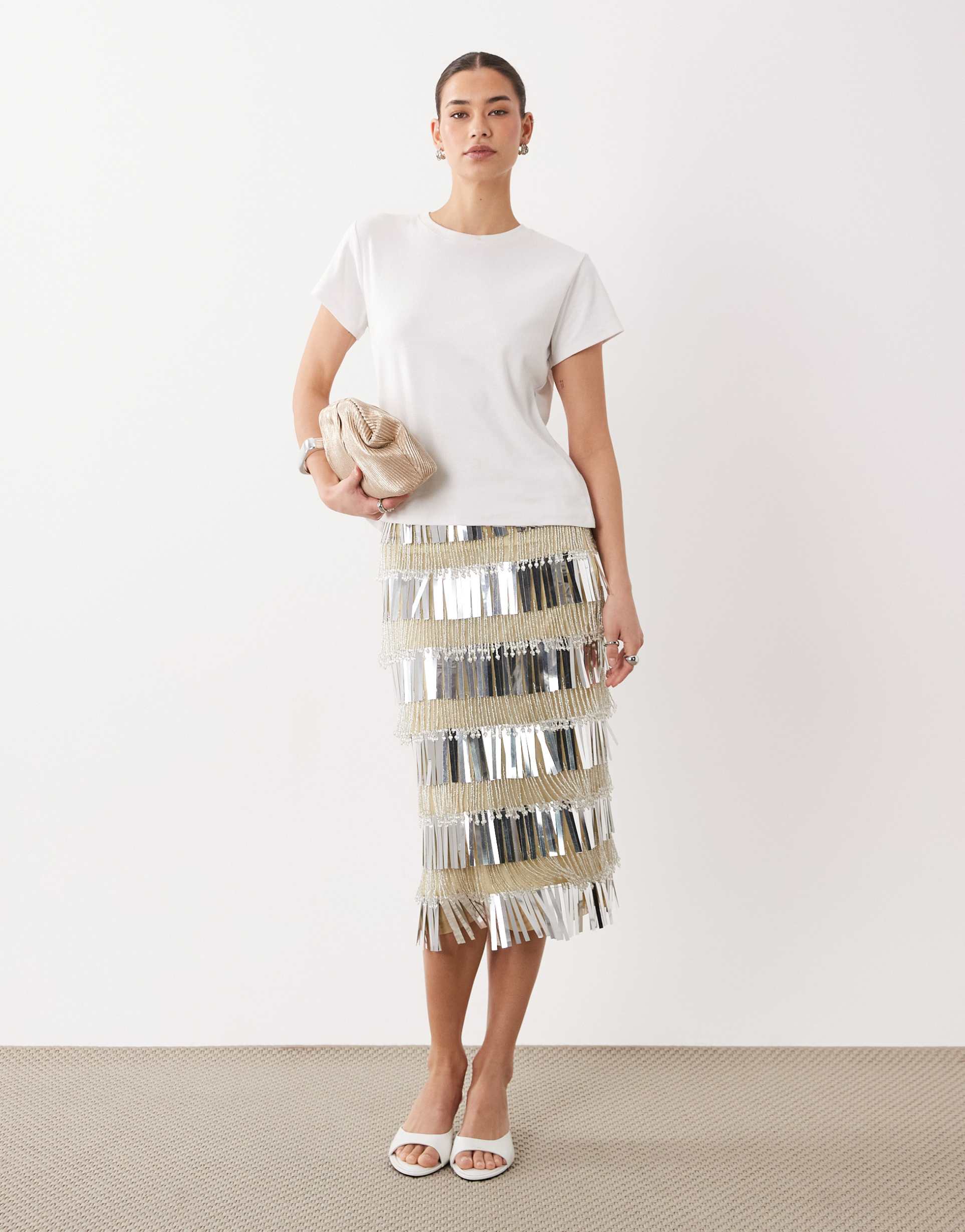 asos design fringe embellished midi skirt in silver