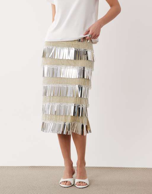 ASOS DESIGN fringe embellished midi skirt in silver, 3 of 5