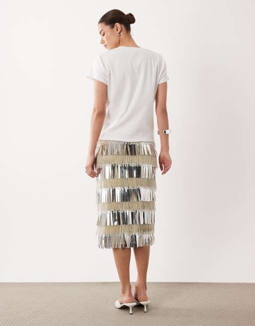 ASOS DESIGN fringe embellished midi skirt in silver, 4 of 5