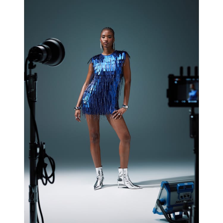 blue ribbed mini dress Blue Halter Fringe Mini Dress – BLOSSOMS BOUTIQUE main image 1