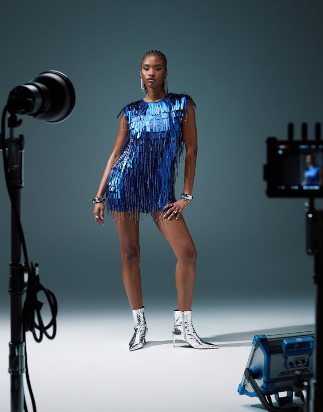 asos blue fringe dress DESIGN embellished padded shoulder mini in cobalt badge: pre-order Goodwill Bachelorette Party Size:2-3 Years Perfect for Eid celebrations