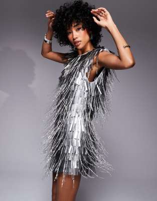 fringe embellished padded shoulder mini dress in silver