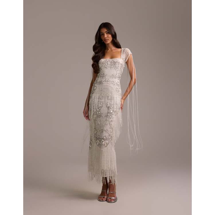 classic square neck fringed gemstone evening dress 1960s Velvet Diamond Square Neck Dress