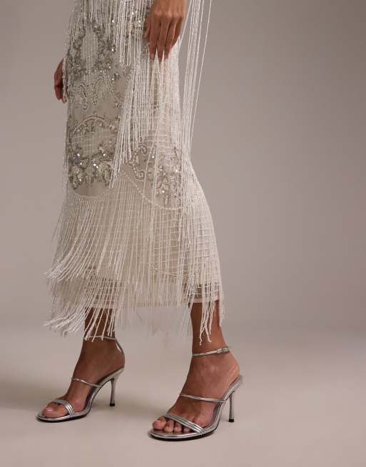 ASOS DESIGN fringe embellished square neck maxi wedding dress in ivory, 3 of 5