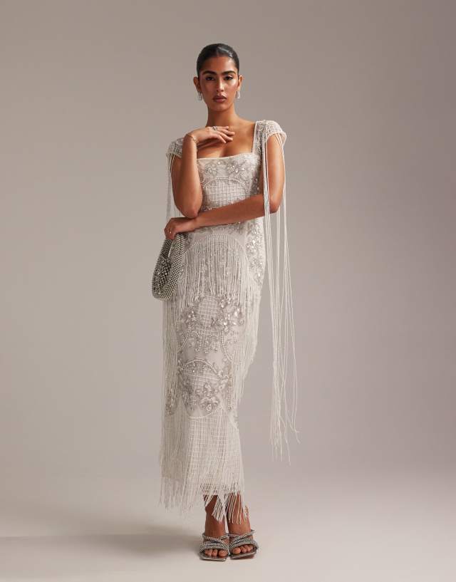 ASOS DESIGN fringe embellished square neck maxi wedding dress | ASOS