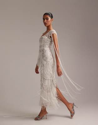 asos beaded wedding dress DESIGN fringe embellished square neck maxi YGroup_14870212149613