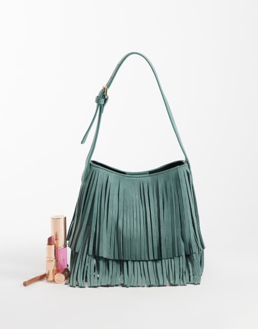 ASOS DESIGN fringe faux suede shoulder bag in mint green, 2 of 4