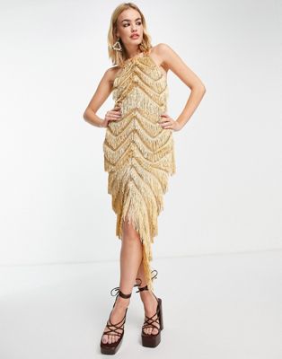 ASOS DESIGN fringe halter midi dress with embellishment in gold  | ASOS