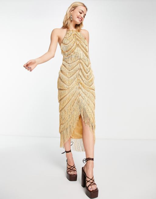 Gold Fringe Detail Halter Maxi Dress