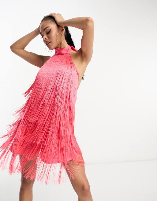 ASOS Design Sleeveless Fringe Dress in Pink