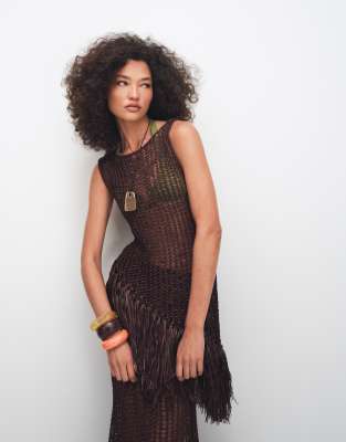 Asos Design Fringe Hem Open Stitch Aysmmetric Tank In Brown