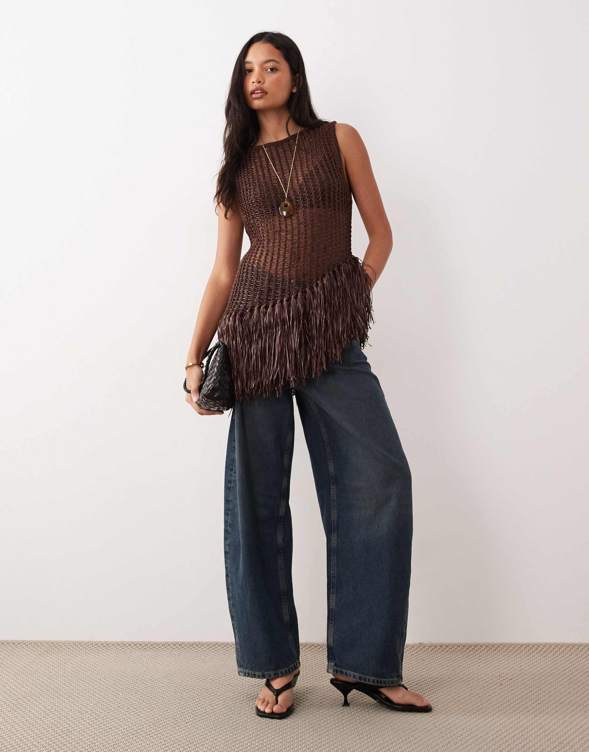 asos design fringe hem open stitch aysmmetric tank in chocolate