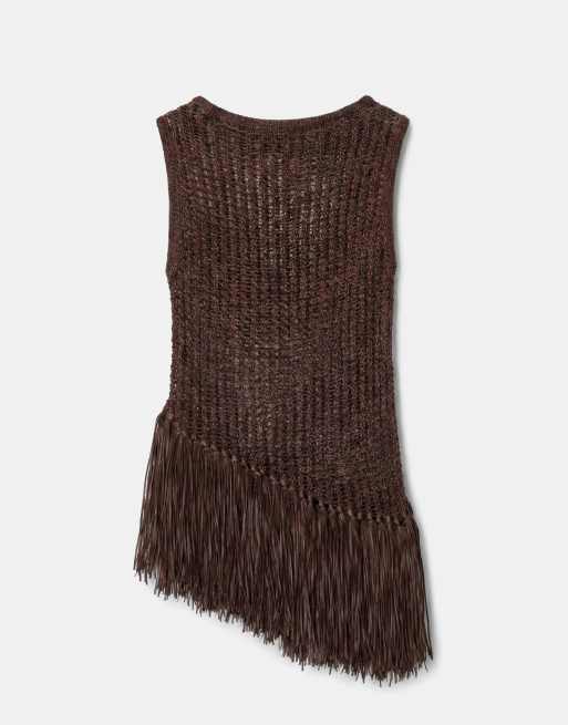 ASOS DESIGN fringe hem open stitch aysmmetric tank in chocolate, 6 of 7