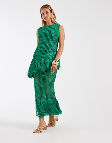 ASOS DESIGN fringe hem open stitch aysmmetric tank in green - view 1