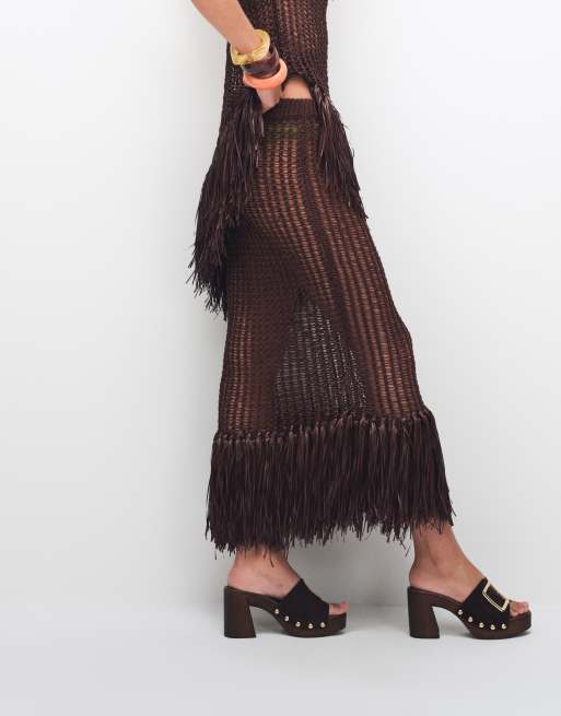 ASOS DESIGN fringe hem open stitch skirt co-ord in chocolate, 2 of 7