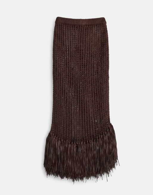 ASOS DESIGN fringe hem open stitch skirt co-ord in chocolate, 7 of 7