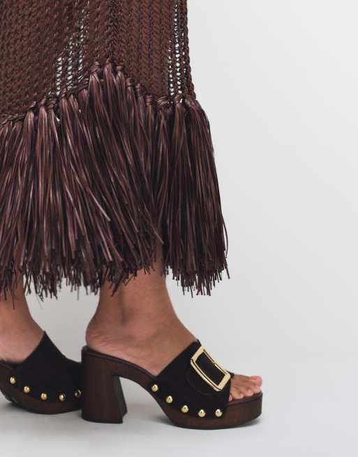 ASOS DESIGN fringe hem open stitch skirt in chocolate (Part of a set), 3 of 7