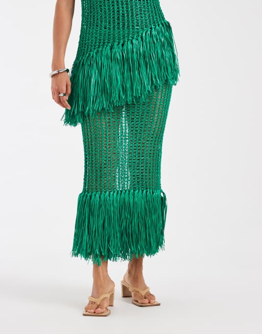 ASOS DESIGN fringe hem open stitch skirt in green - part of a set, 2 of 5