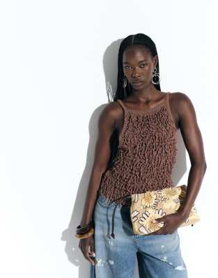 Asos Design Fringe Knitted Halterneck Vest Top In Brown